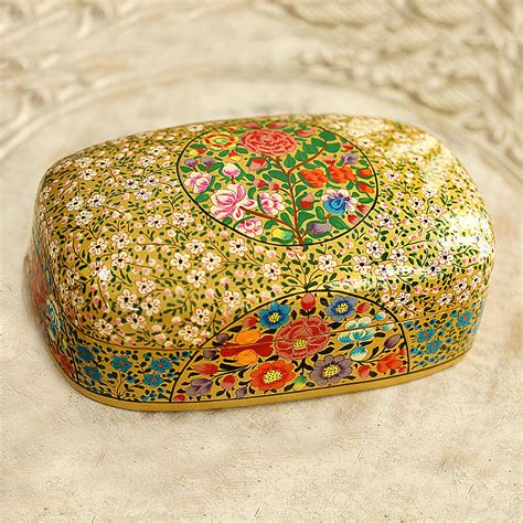 papier mache covered box hand painted metal inside kashmir|Islamic Kashmir Hand Painted Paper Mache Tea Caddy Storage .